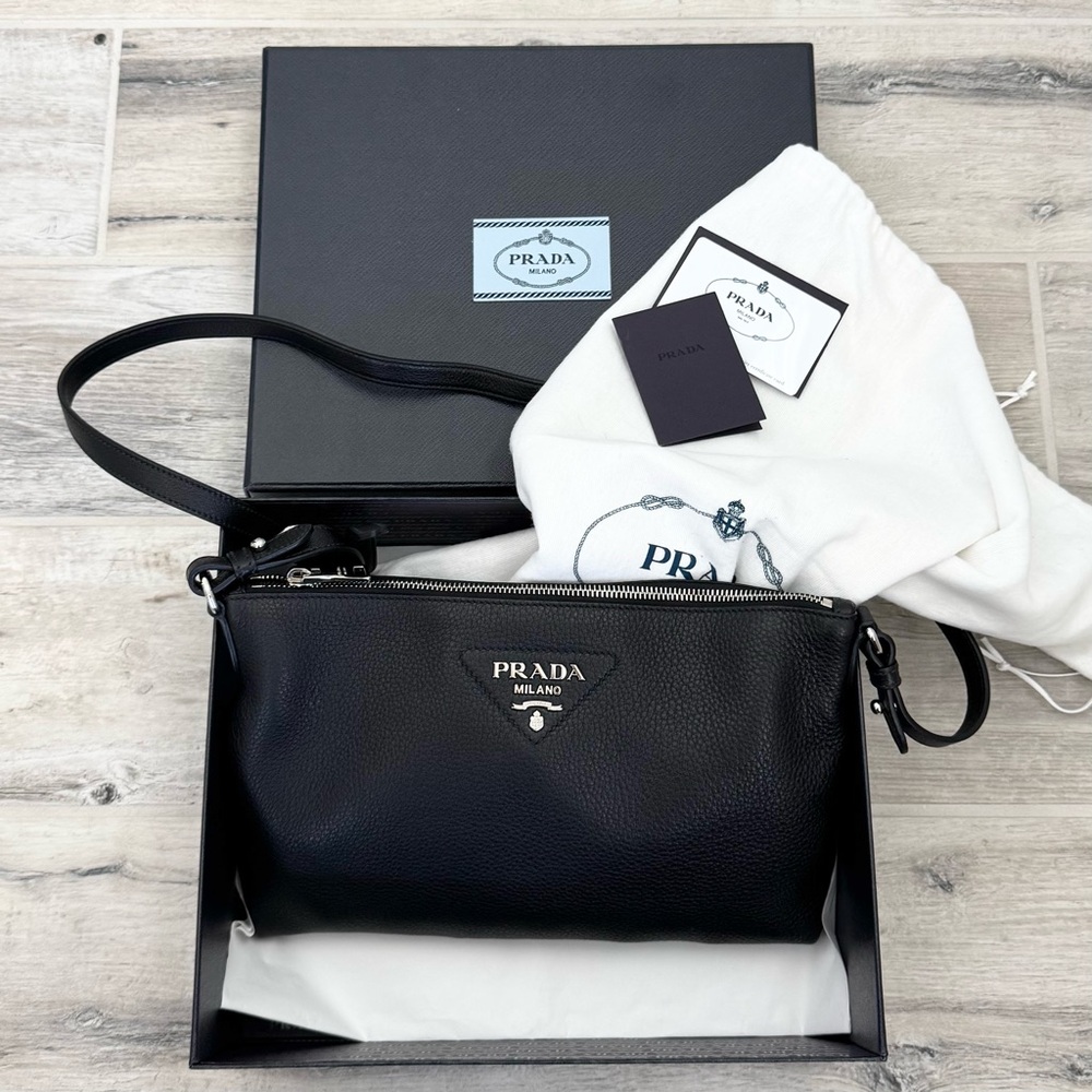 Prada Black Vitello Daino Silver Crossbody Messenger Bag
